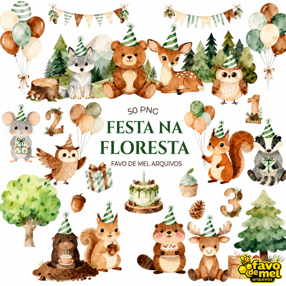 KIT DIGITAL BOSQUE ANIVERSÁRIO AQUARELA - FESTA NA FLORESTA PNG