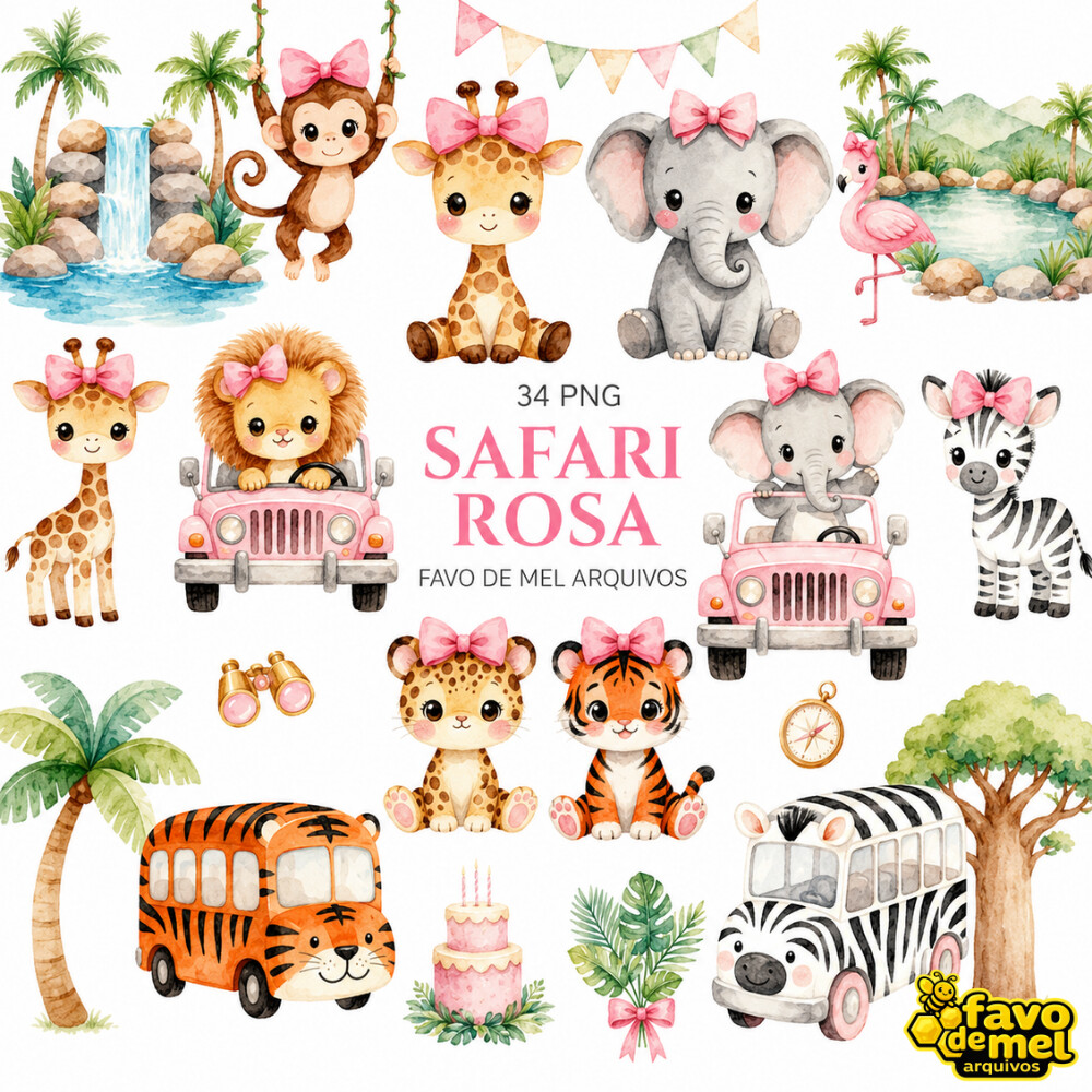 KIT DIGITAL SAFARI ROSA AQUARELA