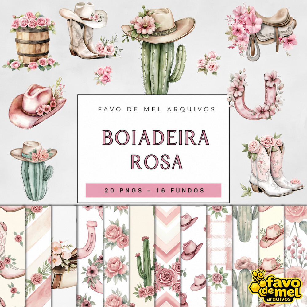 KIT DIGITAL BOIADEIRA ROSA AQUARELA COM PAPÉIS #54