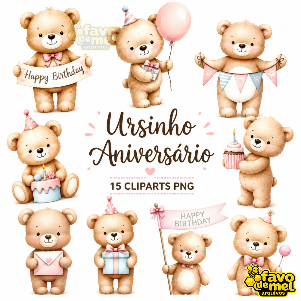 KIT DIGITAL URSINHO ANIVERSÁRIO AQUARELA