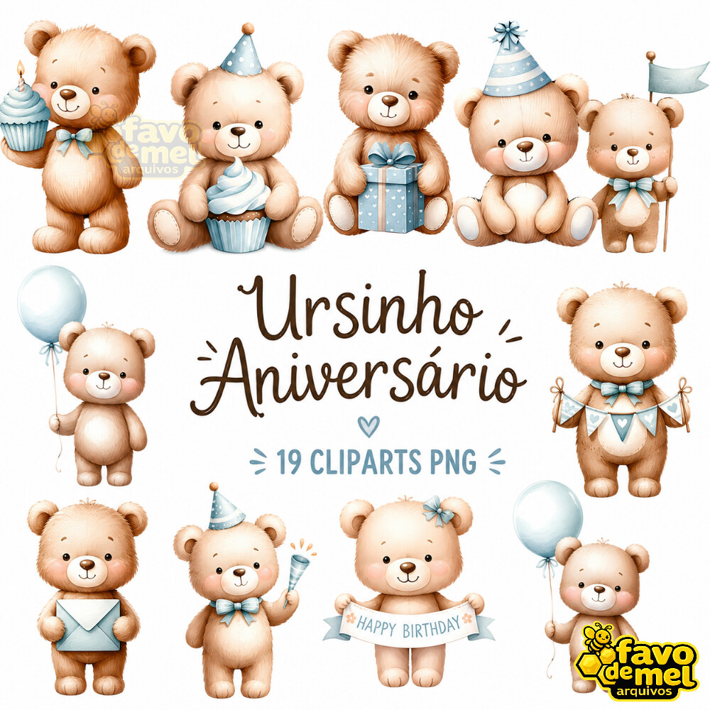 KIT DIGITAL URSINHO ANIVERSÁRIO AZUL AQUARELA PNG