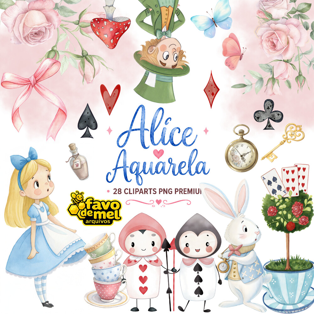 KIT DIGITAL ALICE NO PAÍS DAS MARAVILHAS AQUARELA PNG