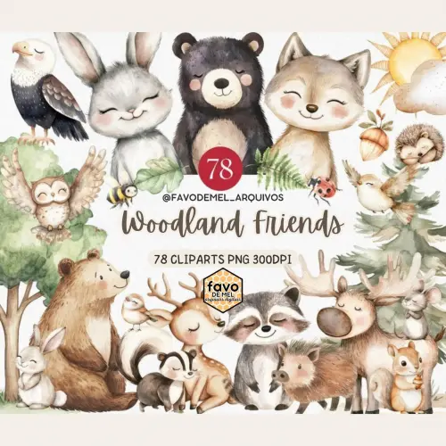 Kit Digital Animais do Bosque Aquarela
