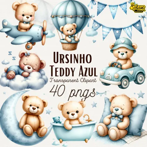 KIT DIGITAL URSINHO TEDDY AZUL AQUARELA