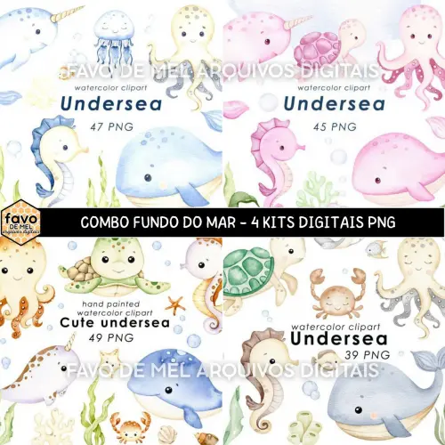 Kit Digital Fundo do Mar Aquarela - combo 4 kits