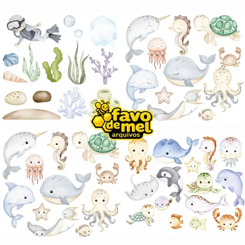 Kit Digital Fundo do Mar Aquarela - combo 4 kits