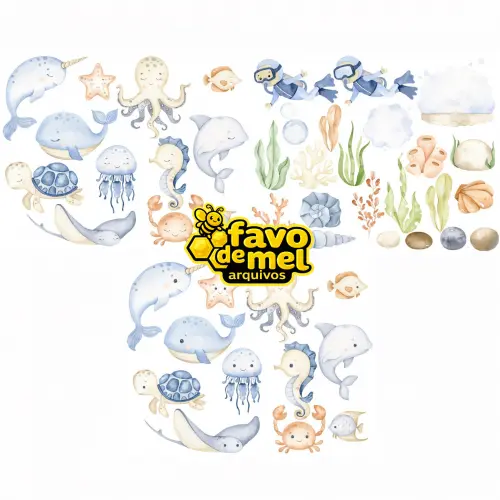 Kit Digital Fundo do Mar Aquarela - combo 4 kits
