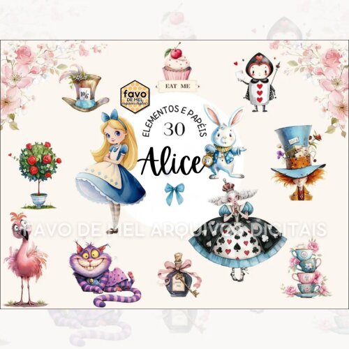 Kit Digital ALICE NO PAÍS DAS MARAVILHAS Aquarela
