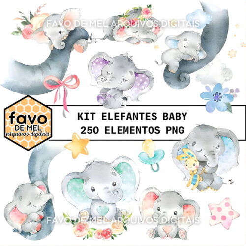 Arquivo Digital Elefantes Baby Aquarela - Combo 10 Kits Png