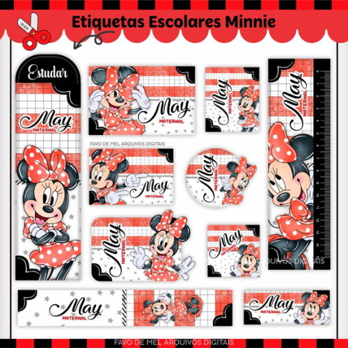 Arquivo Digital Etiqueta Escolar Minnie Vermelha Aquarela