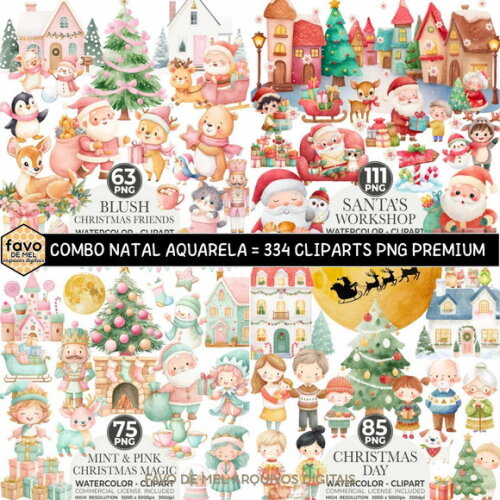 Combo 04 Kits Natal Aquarela #01 Png Premium