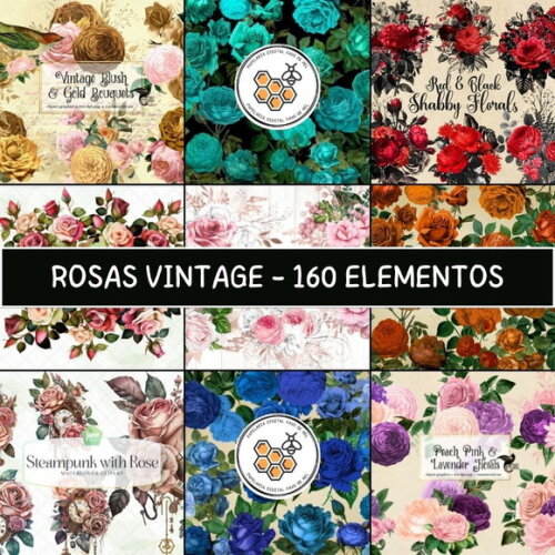 Combo - Kit Digital Rosas Vintage - 9 Kits Digitais