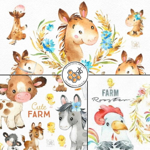 Combo Digital Animais da Fazenda Aquarela - 6 Kits Digitais