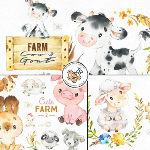 Combo Digital Animais da Fazenda Aquarela - 6 Kits Digitais