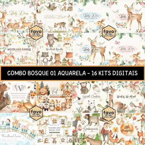Combo Digital Bosque Aquarela 01 - Pack com 16 Kits Digitais