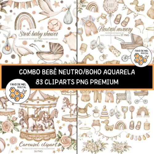 Combo Digital Bebê Neutro Aquarela - Carrossel e Chá de Bebê