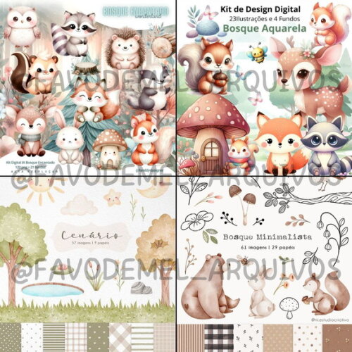 Combo Digital Bosque Aquarela 02 - Pack com 16 Kits Digitais