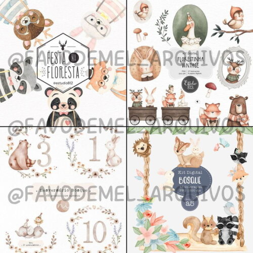 Combo Digital Bosque Aquarela 02 - Pack com 16 Kits Digitais