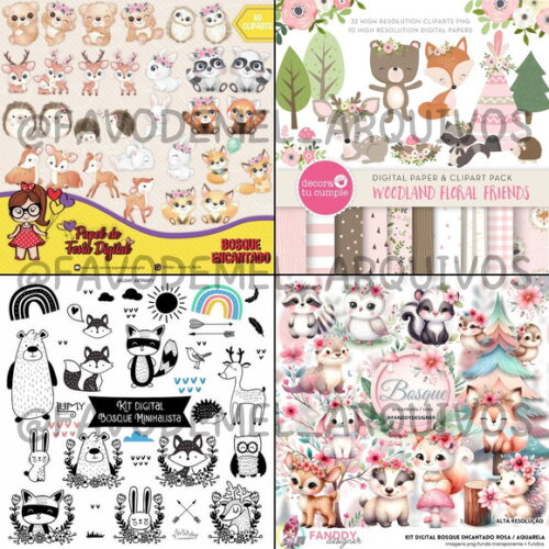 Combo Digital Bosque Aquarela 02 - Pack com 16 Kits Digitais