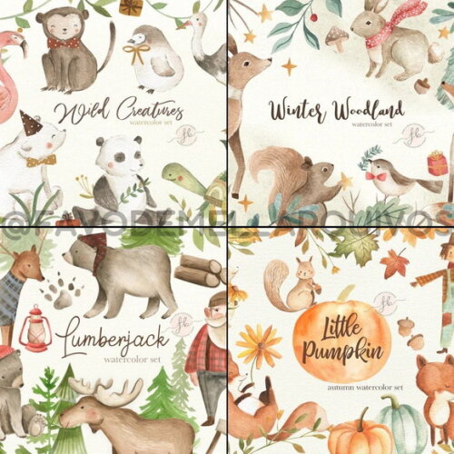 Combo Digital Bosque Aquarela 01 - Pack com 16 Kits Digitais