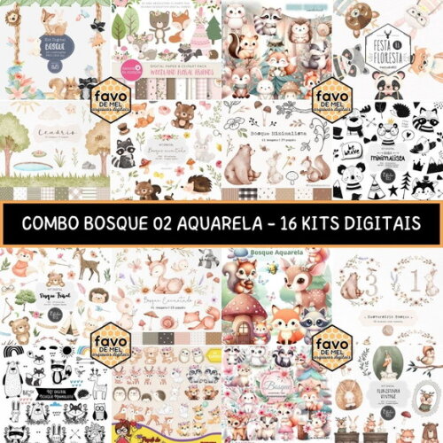 Combo Digital Bosque Aquarela 02 - Pack com 16 Kits Digitais
