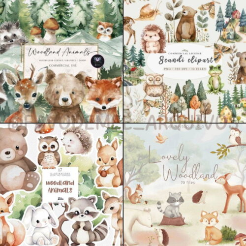Combo Digital Bosque Aquarela 03 - Pack com 16 Kits Digitais