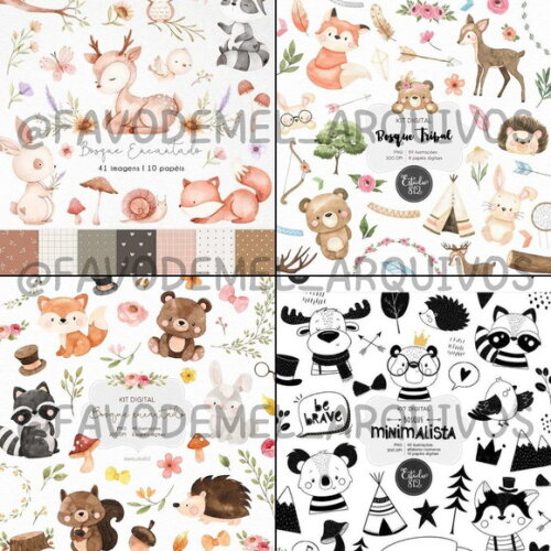 Combo Digital Bosque Aquarela 02 - Pack com 16 Kits Digitais