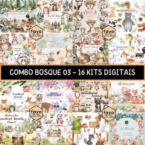 Combo Digital Bosque Aquarela 03 - Pack com 16 Kits Digitais
