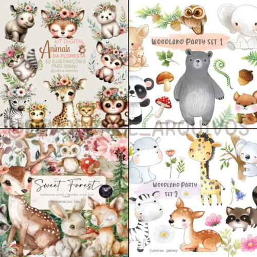 Combo Digital Bosque Aquarela 03 - Pack com 16 Kits Digitais