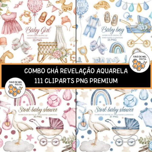 Combo Digital Chá Revelação Aquarela Premium