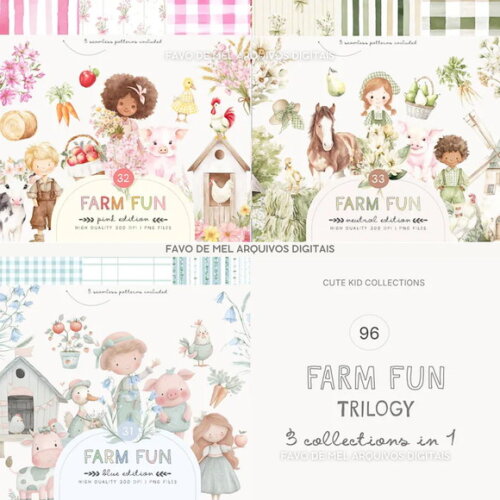 Combo Digital Fazendinha Cute Aquarela - Verde Azul e Rosa