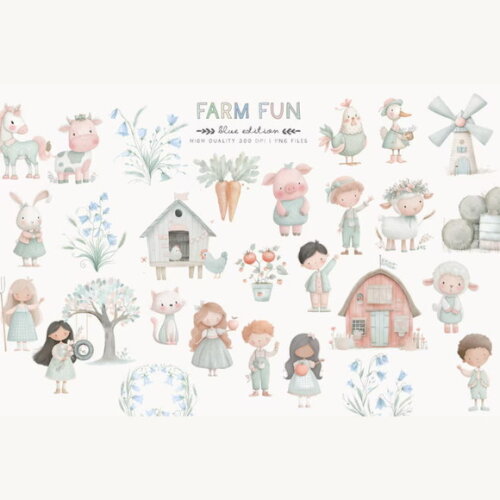Combo Digital Fazendinha Cute Aquarela - Verde Azul e Rosa