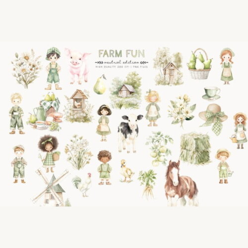 Combo Digital Fazendinha Cute Aquarela - Verde Azul e Rosa