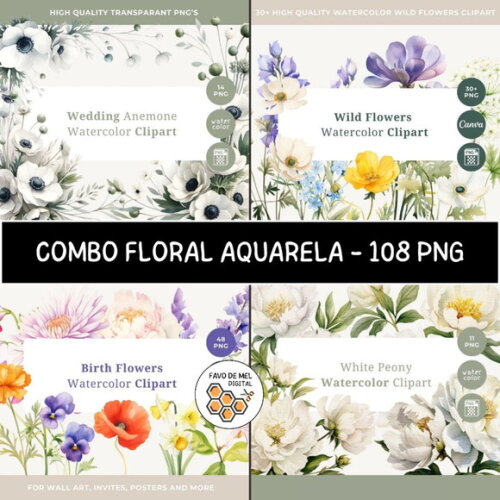 Combo Digital Floral Aquarela - 4 Kits
