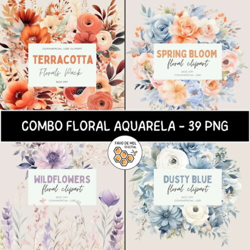 Combo Digital Floral Aquarela - 4 Kits (dfd)