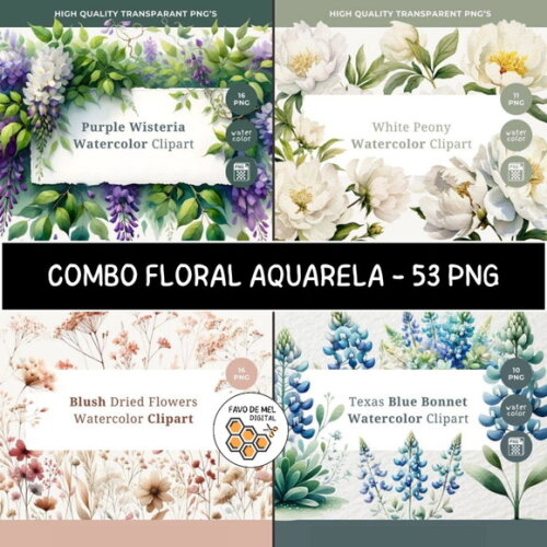Combo Digital Floral Aquarela - 4 Kits (sd)