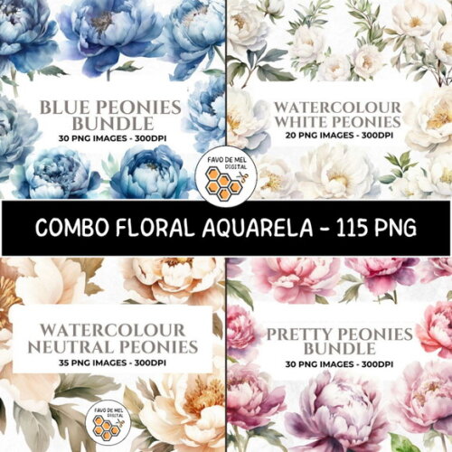 Combo Digital Floral Aquarela - 4 Kits 115 Png