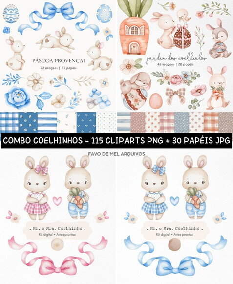 Combo Digital Ilustrações Coelhinhos Aquarela Png