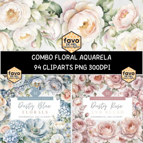 Combo Digital Floral Casamento Aquarela - 3 Kits (msp)