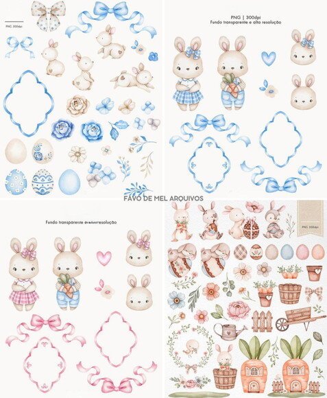 Combo Digital Ilustrações Coelhinhos Aquarela Png