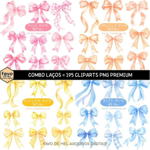 Combo Digital Ilustrações Laços Aquarela - 04 Kits Png