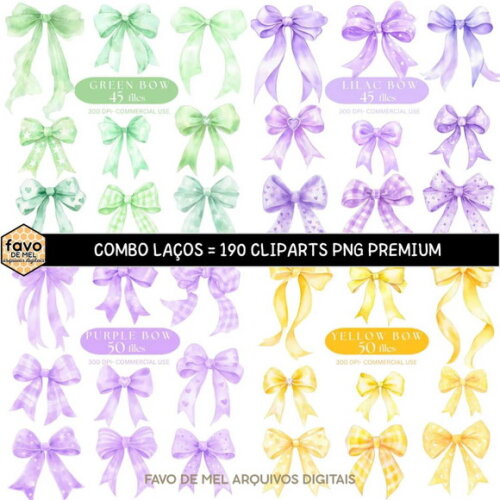 Combo Digital Ilustrações Laços Aquarela #02 - 04 Kits Png