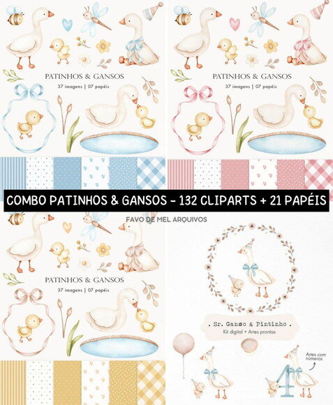 Combo Digital Ilustrações Patinhos e Gansos Aquarela Png