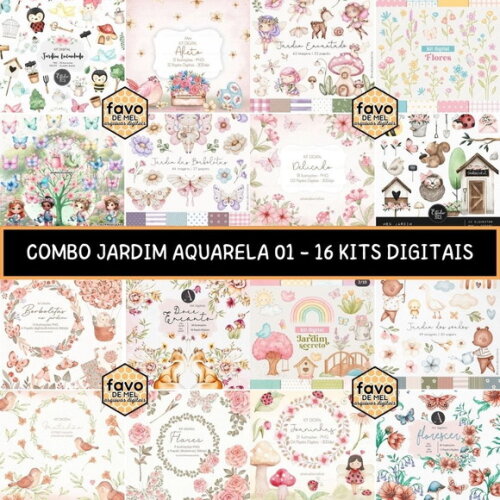 Combo Digital Jardim Aquarela 01 - Pack 16 Kits Digitais