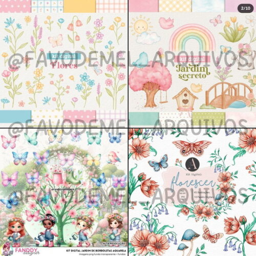 Combo Digital Jardim Aquarela 01 - Pack 16 Kits Digitais