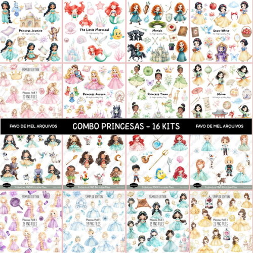 Combo Digital Princesas Aquarela - 16 Kits Digitais 800 Png