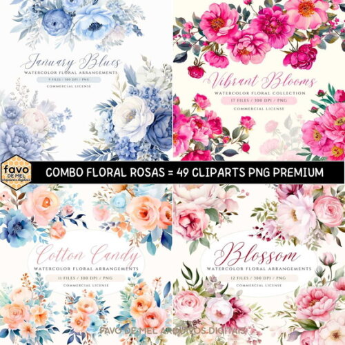 Combo Digital Rosas Floral Casamento Aquarela Png Premium