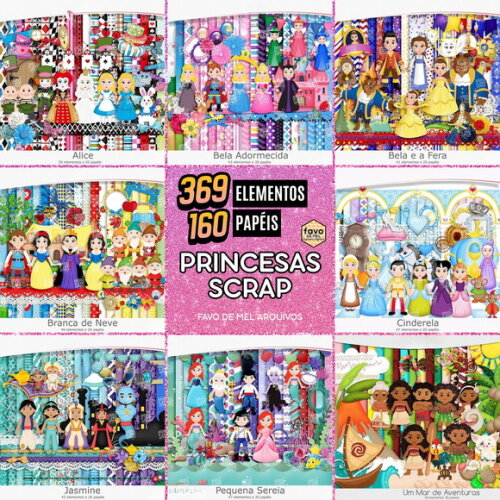 Combo Digital Princesas Scrapbook - 08 Kits Digitais Png Jpg