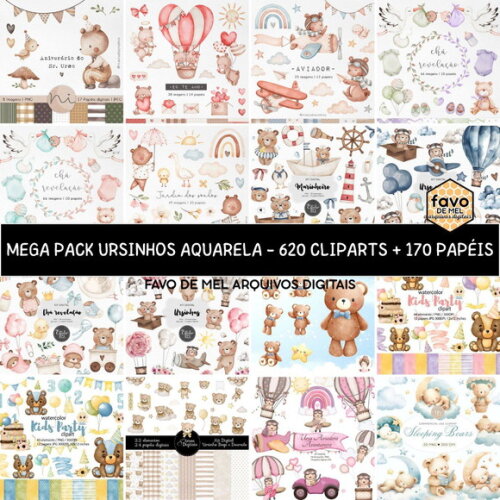 Combo Digital Ursinho Aquarela - 16 Kits Digitais #1