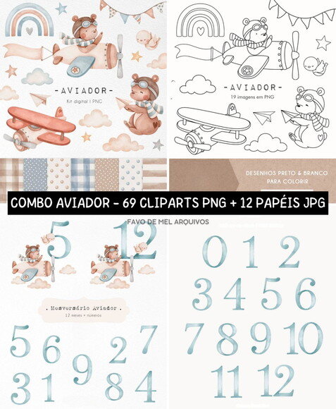 Combo Digital Ursinho Aviador Aquarela Png Mesversário